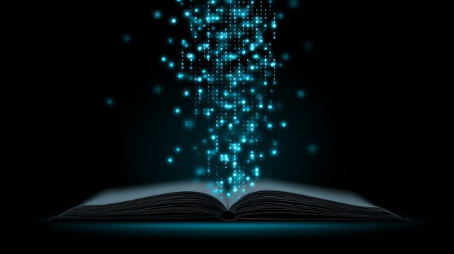Floating data particles descending into an open book, symbolizing technology-driven learning, digital education, growing knowledge, AI intelligence, and a smooth flow of abstract information