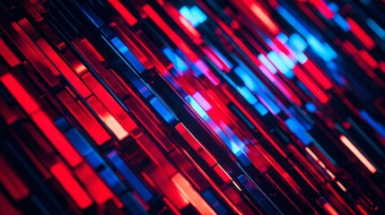 Glowing metallic bars arranged in a digital-inspired pattern with vibrant red blue lighting, reflecting futuristic energy and modern technology aesthetics, creating a dynamic high-tech visual concept