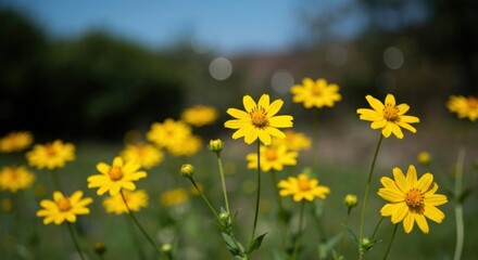 A field of yellow wildflowers bathed in sunlight with a blurred background