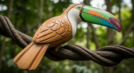 Obraz premium Colorful toucan sculpture perched on a thick vine in a lush forest