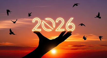 Silhouette hand reaching upward with 2026 sign at sunset freedom concept
