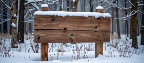 Wooden sign covered in snow, surrounded by a winter forest setting.