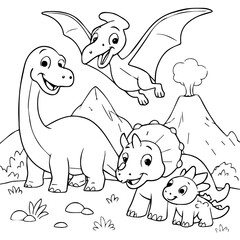 
Cute Dinosaur Coloring Page with Friendly Cartoon Dinosaurs in Prehistoric Scene