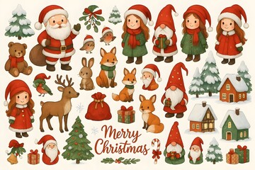 Huge set of цinter elements and characters. Merry Christmas set with Santa, animals, gnomes, houses, snowy trees, girls, deer. For banners, cards.