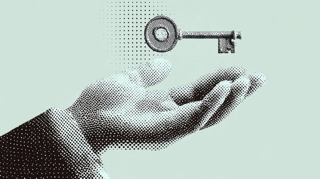Halftone style hand with palm up holding a stylized key above, vector illustration on pale blue-gray background fading to white, representing access, security, opportunity, digital or conceptual ideas