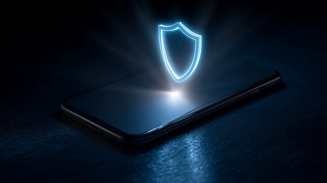 Protect your data with advanced mobile security, featuring a modern smartphone with a glowing shield for robust cyber defense and trusted privacy