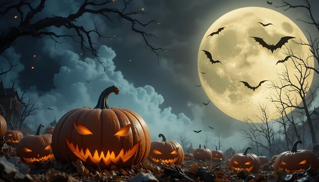 Spooky Halloween Wallpaper Featuring Evil Jack-O’-Lantern Pumpkins for Festive Decor - Powered by Adobe