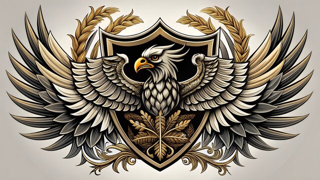 Majestic eagle emblem with spread wings and ornate shield symbolizing power strength and heraldry in a detailed illustration