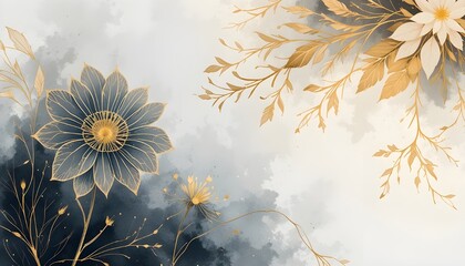 Luxury Minimal Abstract Vector Background with Golden Line Art Flowers and Botanical Leaves