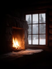 Fireplace in a dark room with a window on the right side. the fireplace is made of stone and has a fire burning inside. the fire is burning brightly and the flames are dancing and flickering.