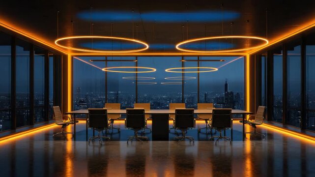 Modern Futuristic Boardroom With Orange Neon Accents Overlooking Cityscape At Dusk With Sleek Furniture And Reflective Floor