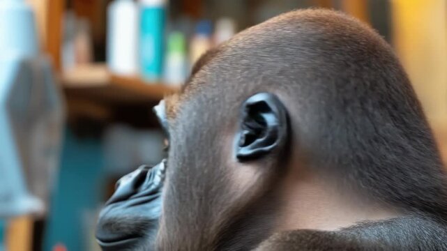 a monkey sits in a barber's chair surrounded by grooming products, humorous concept, copy space