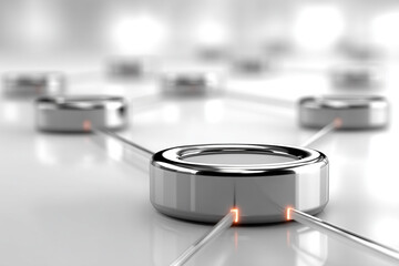 3D render of interconnected metal rings or nodes on a white surface.