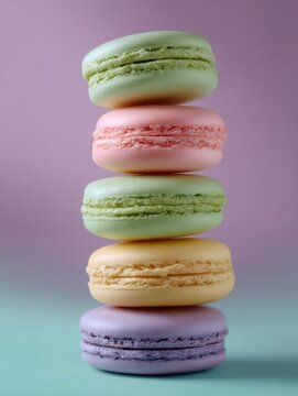 Stack of five macarons in different colors - green, pink, yellow, and purple.