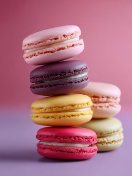 Stack of colorful macarons on a pink background. there are six macaroons in total, arranged in a pyramid-like shape.