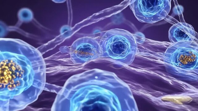 A microscopic view of cells with blue membranes and gold particles on a purple surface