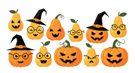 Halloween Pears and Pumpkins with Spooky Faces and Accessories.