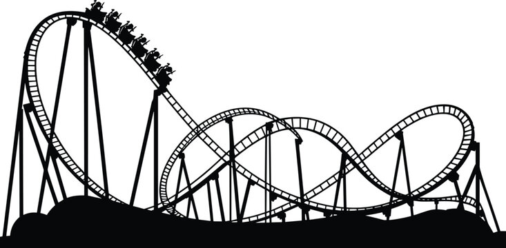 Roller coaster silhouette, thrill ride, amusement park icon, looping track, black vector, steep drop, corkscrew design, entertainment graphic, theme park structure, isolated illustration