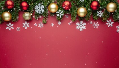 Festive christmas decorations with ornaments and snowflakes red background holiday themed content cozy atmosphere aesthetic viewpoint celebratory concept