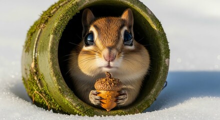Adorable chipmunk peeks out from a hollow log holding a nut
