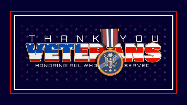 The word "VETERAN" is stylized as a patriotic American flag design with military medals, complete with ribbons and emblems on dark blue background. Veterans Day on November 11th.