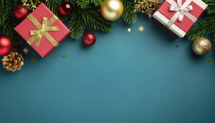 Festive holiday gift arrangement with ornaments and decorations home digital image cozy environment top-down view christmas celebration inspiration