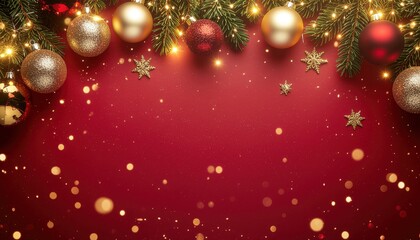 Festive christmas decoration with ornaments and pine red background seasonal event cheerful atmosphere close-up view holiday spirit and joy