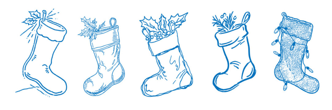 Christmas stocking doodle set with hand-drawn festive holiday illustrations