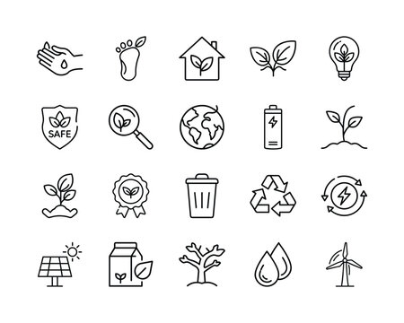Eco-friendly line icons collection for nature conservation, sustainable living, green energy, recycling, and environmental protection initiatives, perfect for web. Vector, illustration