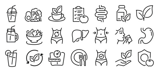 Detox and cleanse related editable stroke outline icons set isolated on white background flat vector illustration. Pixel perfect. 64 x 64.