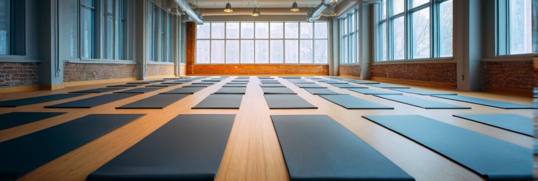 Spacious yoga studio with mats arranged for a class during a calm morning