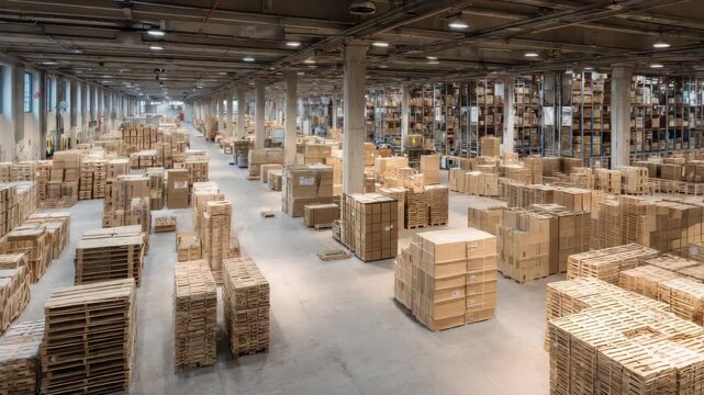 Expansive Warehouse Interior Filled With Numerous Cardboard Boxes And Pallets Under Bright Industrial Lighting With High Ceiling Racks Reaching Towards The Top