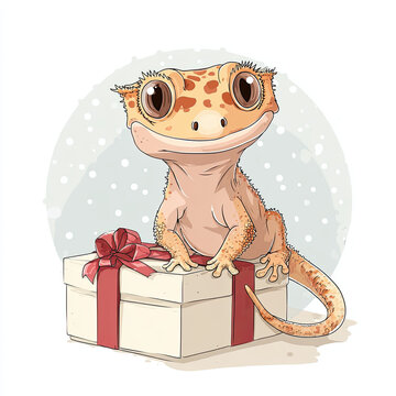 Bright yellow crested gecko enjoys a cozy holiday moment on a gift box with festive red ribbon