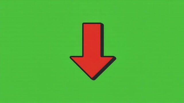 animated red arrow pointing down on a bright green screen background, perfect for chroma key compositing. Red arrow symbolizes download or decrease.