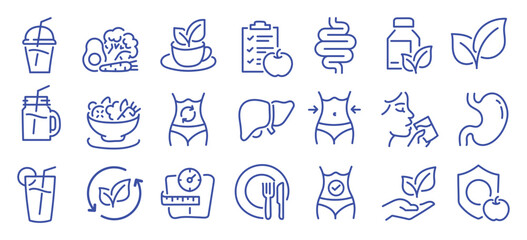 Detox and cleanse related editable stroke outline icons set isolated on white background flat vector illustration. Pixel perfect. 64 x 64.