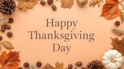 Happy Thanksgiving Day centerpiece with pumpkins, pinecones, and autumn leaves on a peach background