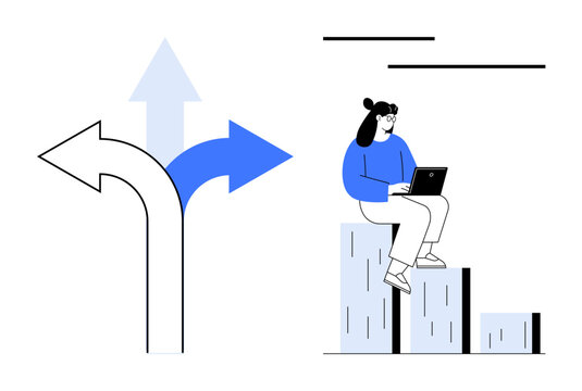 Woman sitting on bar graph using a laptop, next to arrows indicating different decision paths. Ideal for decision-making, career growth, strategy, analytics, business planning, opportunity, simple
