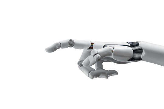  White cyborg robotic hand pointing his finger - 3D rendering isolated on free PNG background.