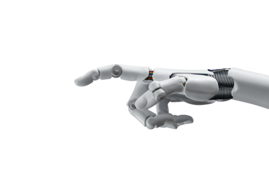  White cyborg robotic hand pointing his finger - 3D rendering isolated on free PNG background.