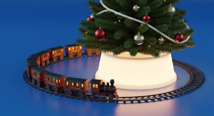 Toy train circles a christmas tree with ornaments on a blue holiday background