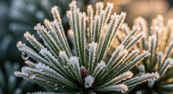 Closeup of frosted pine needles with ice droplet in winter morning light