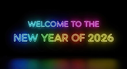 Neon text welcoming the new year 2026 against black background