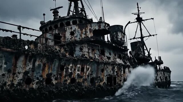 A heavily rusted, abandoned shipwreck battles crashing waves under a dark, stormy sky, evoking a sense of desolation.