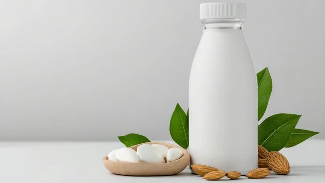 bottle of almond milk with label design mockup, marketing and branding concept, white background, copy space