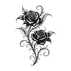 Elegant black and white vector illustration of ornamental roses with detailed petals and decorative swirling stems, ideal for tattoo designs, botanical artwork, vintage decor.