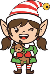 Christmas elf emotions: cute girl Christmas elf winking with reindeer toy