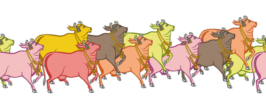 Colorful Decorated Indian Cows Parade Vector Illustration Traditional Folk Art Border Design.....