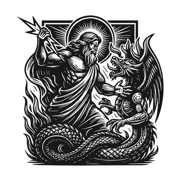 Powerful black and white vector illustration in dramatic woodcut style depicting Zeus battling the monstrous Typhon, ideal for fantasy themes, mythology art, and bold graphic design projects.