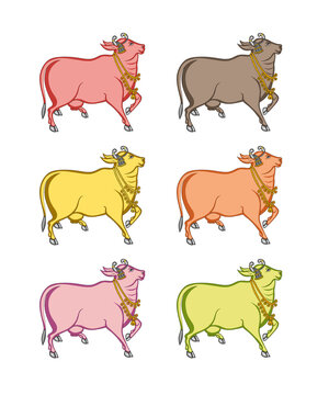 Set of Colorful Decorated Indian Cows Vector Illustration Traditional Folk Art Collection..