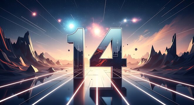 Futuristic digital number 14 illuminated in a neon lit sci fi landscape with dramatic lighting and reflections